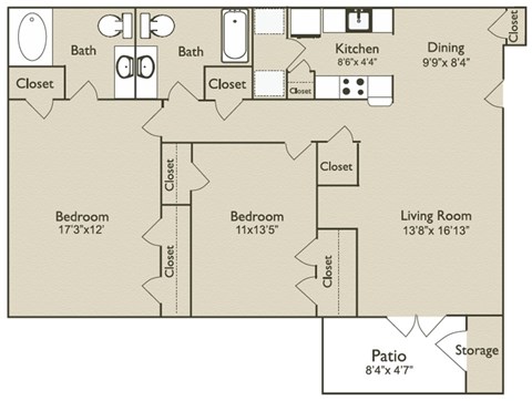 Floor plan for 2 beds, 2 baths, 1100 sqft